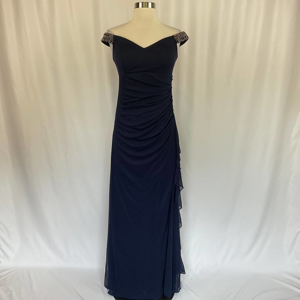 Betsy & Adam Navy Off-Shoulder Evening Gown